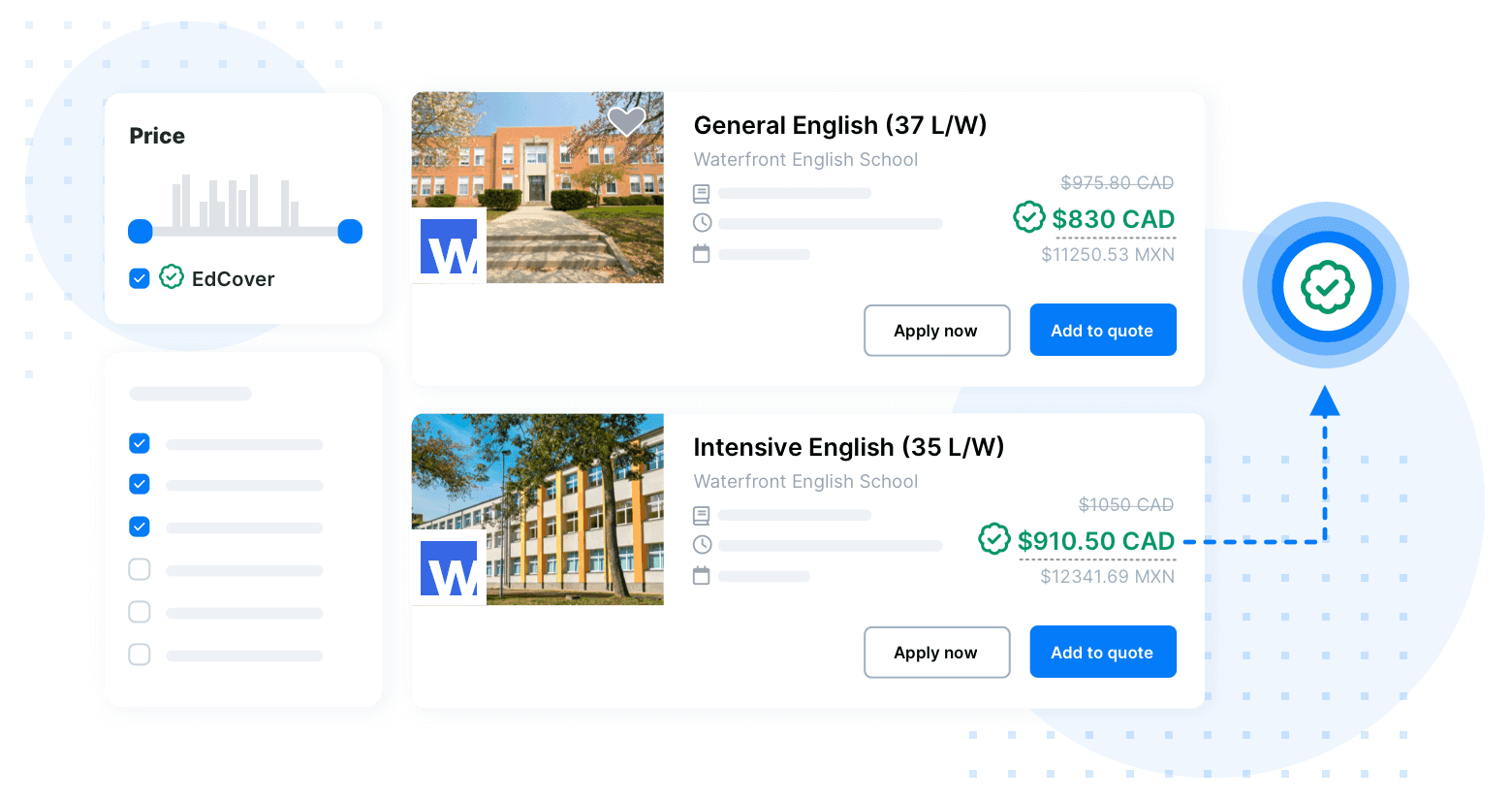 The EdCover badge displayed next to protected prices in Edvisor search results